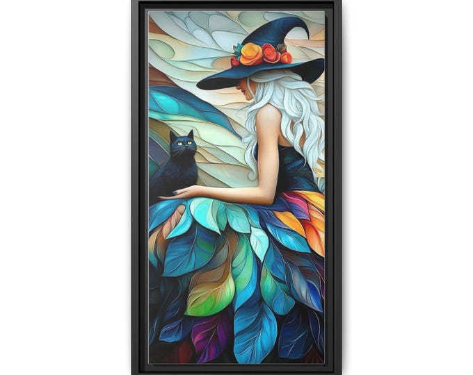 Colorful Witch with Black Cat Matte Canvas Framed | Fantasy Wall Art