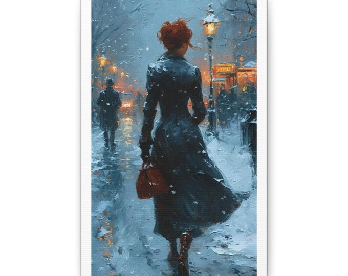 Winter Cityscape Canvas Print: Woman in Snow, Polycotton, Pinewood Frame
