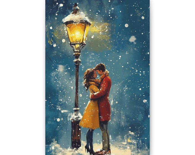 Couple Kissing Under Lamppost Canvas | Romantic Winter Wall Art