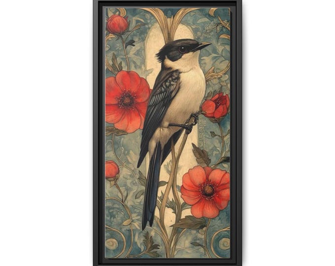 Vintage Bird and Poppies Matte Canvas Framed | Wall Art