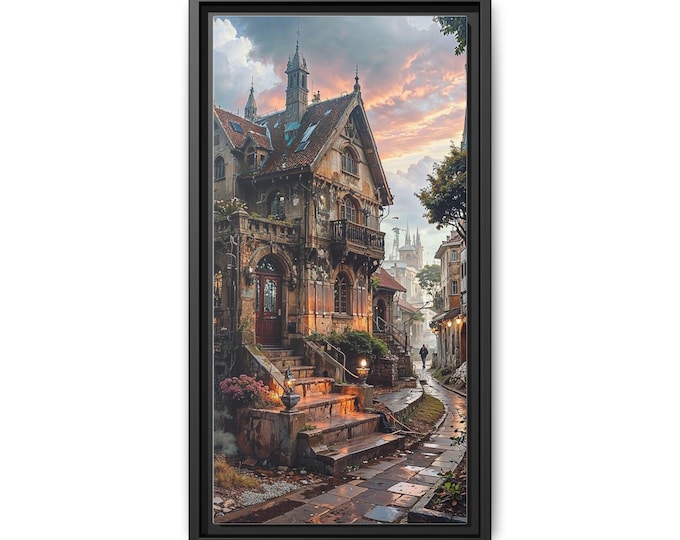 Victorian Cottage Street Scene Matte Canvas Framed | Vertical Wall Art