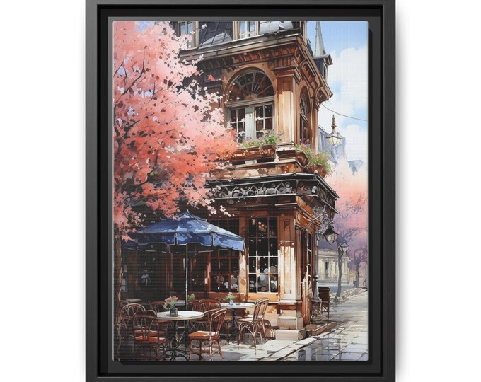 Parisian Cafe Street Scene Matte Canvas Framed | Wall Art