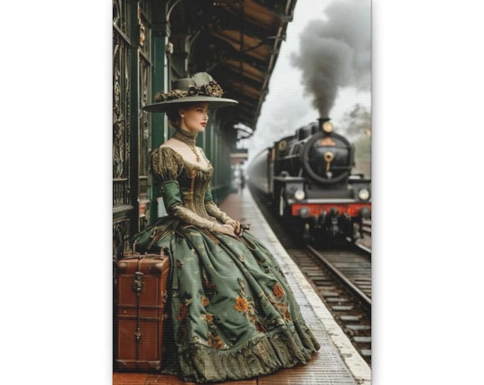 Victorian Lady at Train Station Canvas | Vintage Travel Wall Art