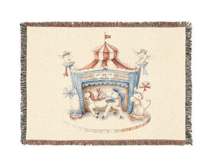 Circus Carousel Horse Woven Blanket | Vintage Fairground Tapestry Throw