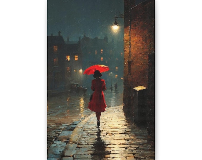 Woman with Red Umbrella Canvas | Rainy Night Street Art Print