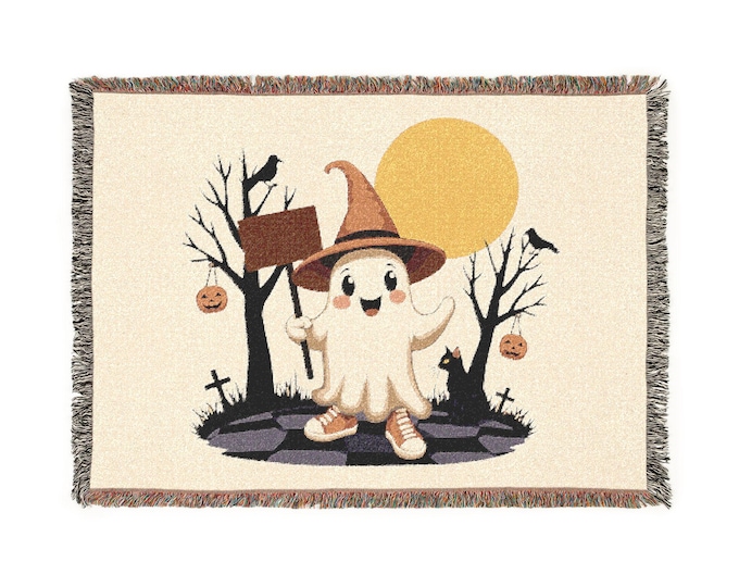 Woven Ghost Witch Blanket | 100% Cotton, Fringed Halloween Throw