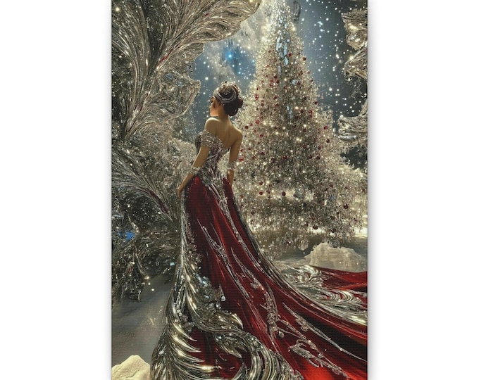 Elegant Lady in Red Gown Classic Canvas | Christmas Tree Winter Wonderland
