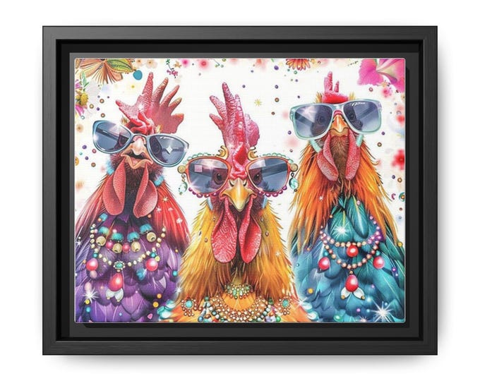 Roosters with Sunglasses Canvas Art | Colorful Farmhouse Kitchen Wall Decor