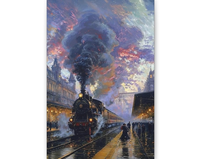 Steam Train at Twilight Canvas | Vintage Locomotive Station Wall Art