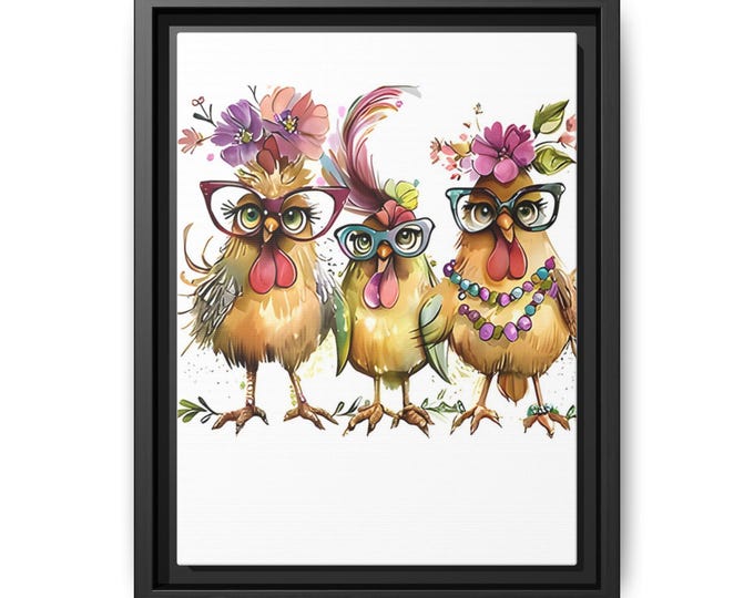 Whimsical Chickens Matte Canvas Framed | Colorful Farmhouse Wall Art
