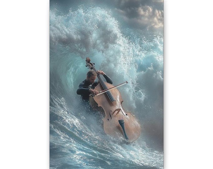Cellist Riding Ocean Wave Canvas | Music Art Wall Decor