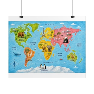 May include: A colorful world map poster featuring continents in distinct shades, labeled with names of oceans and regions. Illustrations of animals like a bear, panda, kangaroo, and penguins are placed across the map, along with the Eiffel Tower.