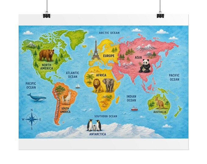 Illustrated Animal World Map poster | Rolled Posters, Educational Kids Room Decor