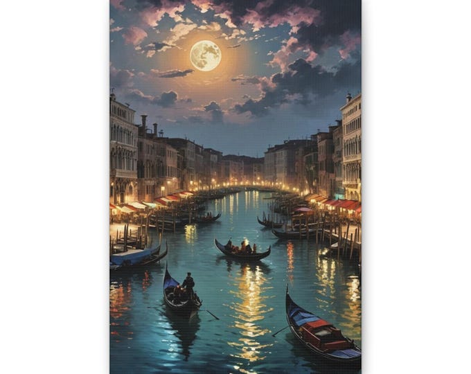 Moonlit Venice Canal Canvas | Night Gondolas Wall Art
