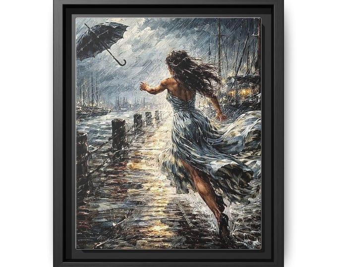 Woman Running in the Rain Canvas | Framed Matte Wall Art