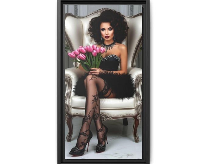 Glamorous Woman with Tulips Matte Canvas Framed