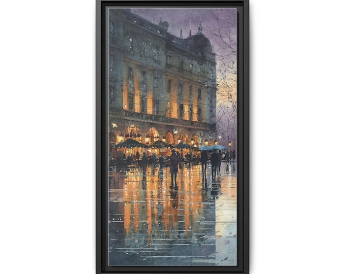 Rainy City Street Painting Matte Canvas Framed