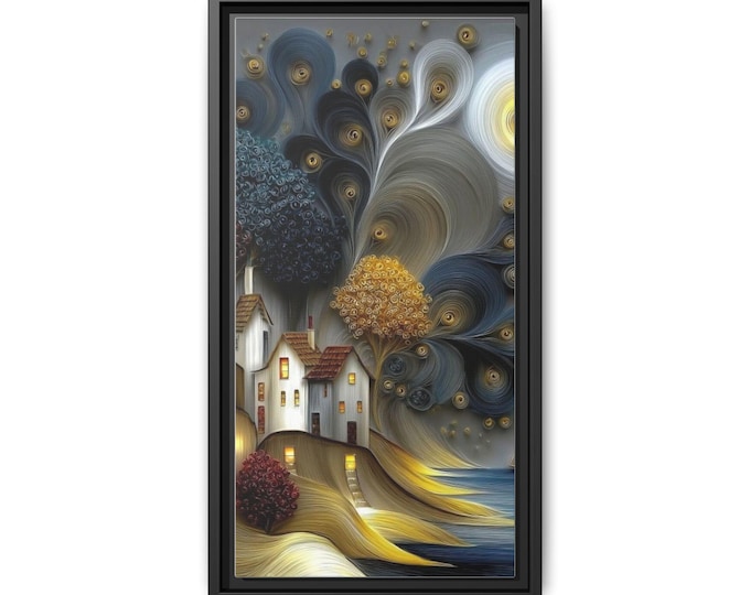 Surreal Village Landscape Matte Canvas Framed | Abstract Tree Swirl Wall Art