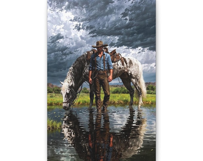 Cowboy with Horse Canvas | Western Landscape Wall Art
