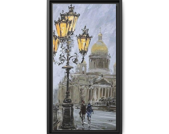 Vintage Street Lamp Cityscape Matte Canvas Framed | Tall Wall Art