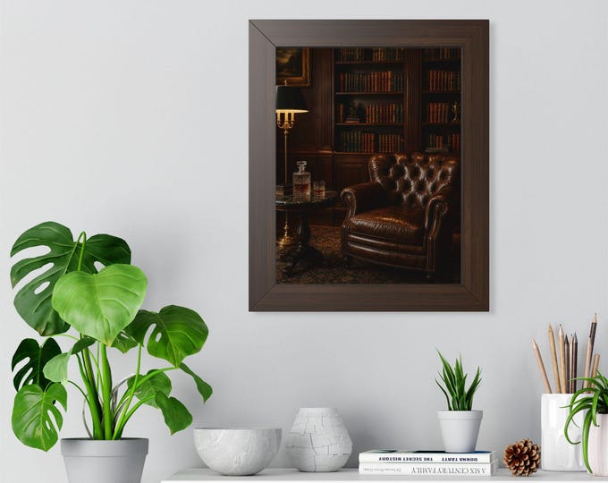 Leather Armchair Library Poster framed vertical poster | Vintage Reading Room Wall Art