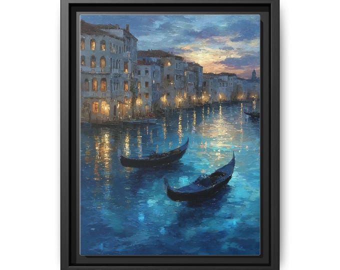 Venice Gondolas at Dusk Matte Canvas Framed | Cityscape Wall Art