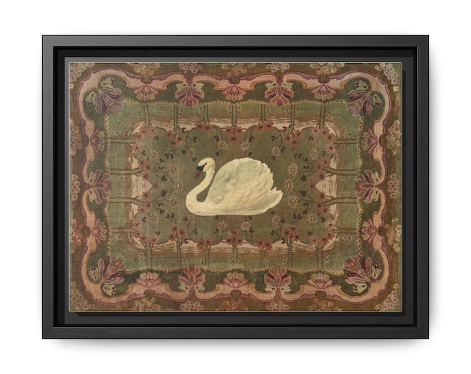 Vintage Swan Illustration Matte Canvas Framed | Floral Border Wall Art