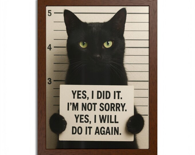 Black Cat Mugshot Poster | Humorous Feline Wall Art, Framed Print