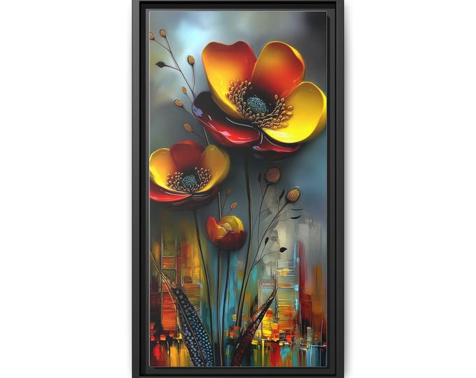 Abstract Yellow Red Flowers Matte Canvas Framed | Floral Wall Art