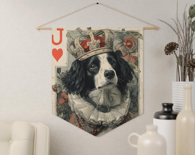 King of Hearts Spaniel Pennant | Decorative Wall Banner, Playing Card Dog Art