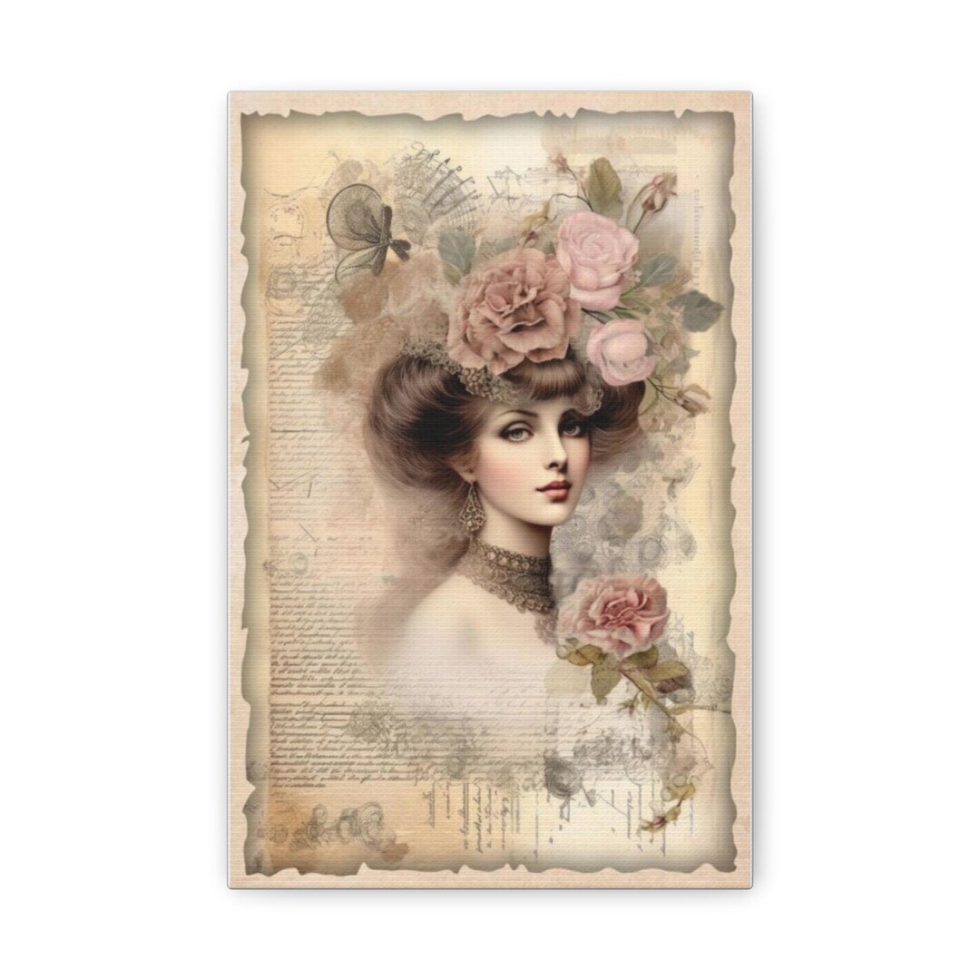 Victorian Lady With Rose Hat Canvas | Vintage Floral Portrait - Etsy
