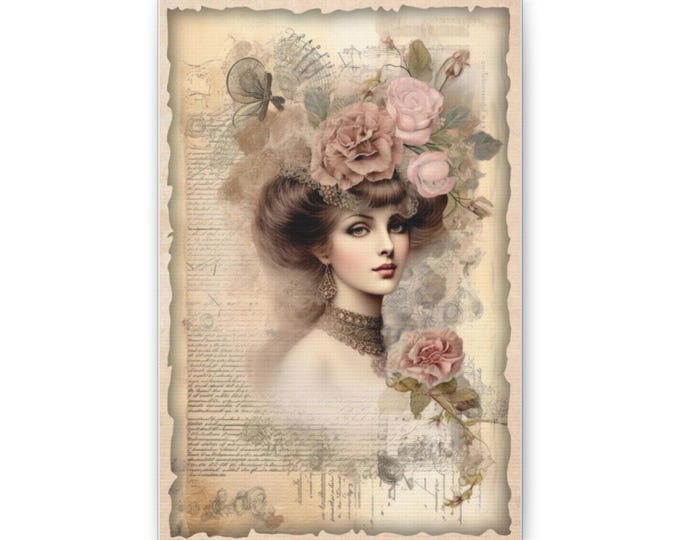 Victorian Lady with Rose Hat Canvas | Vintage Floral Portrait