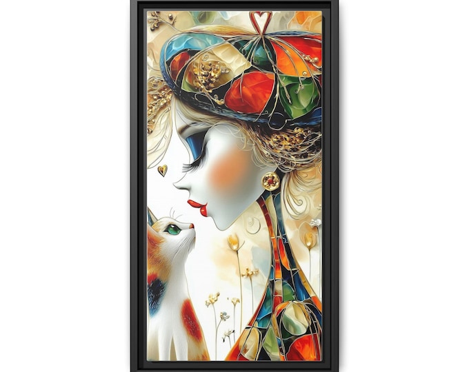 Abstract Woman with Cat Matte Canvas Framed | Colorful Portrait Wall Art