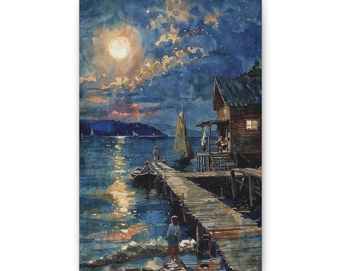 Moonlit Harbor Sailboat Canvas | Nautical Seaside Wall Art