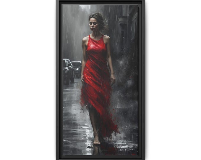 Woman in Red Dress Matte Canvas Framed | Rainy City Art Print