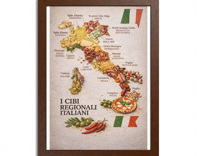 Italian Regional Foods Map Framed Poster | I Cibi Regionali Italiani