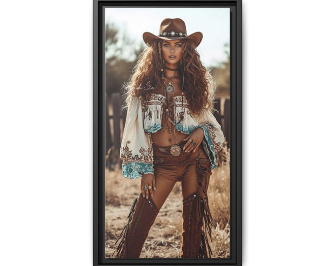 Boho Cowgirl Portrait Matte Canvas Framed | Western Wall Art
