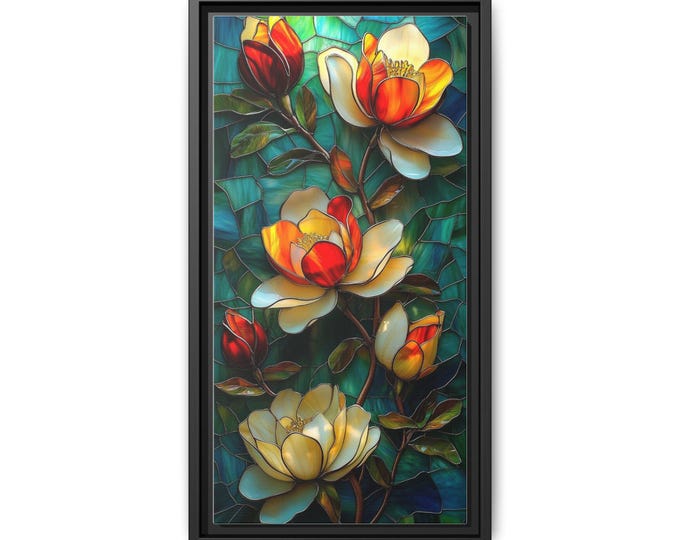 Stained Glass Style Floral Print Matte Canvas Framed | Multicolor