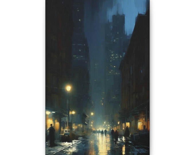 Rainy City Night Skyline Canvas | Urban Street Scene Wall Art