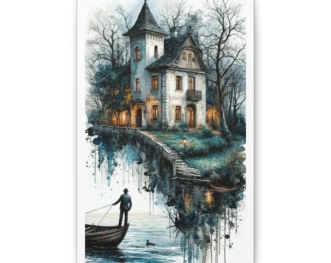 Victorian Waterside House Canvas | Haunted Manor Art Print, Riverboat Scene
