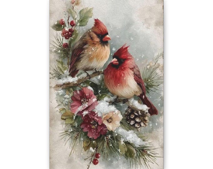 Cardinal Pair Classic Canvas | Winter Birds Pinecones Snowy Floral Wall Art