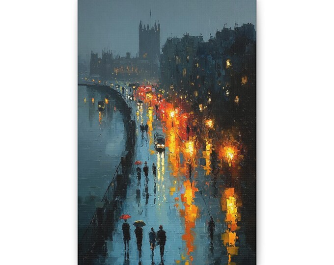City Rain Nightscape Canvas | Urban Evening Street Lights Wall Art