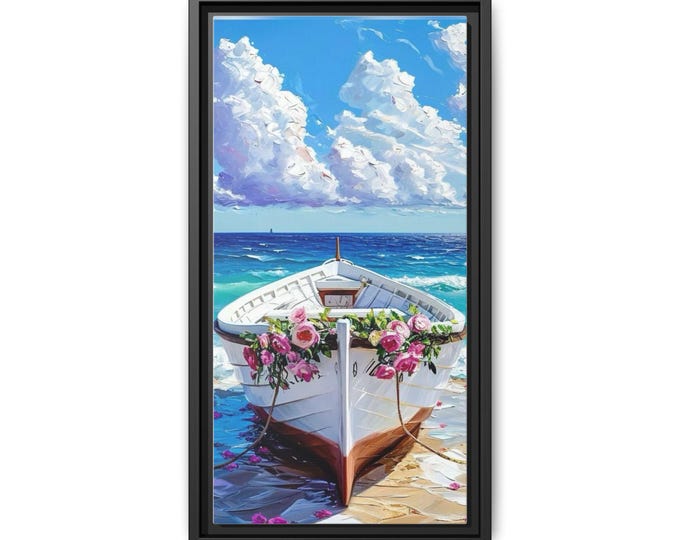 Floral Rowboat Beach Painting Canvas Framed Print | Matte Canvas