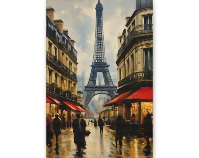 Eiffel Tower Paris Street Canvas | Cityscape Wall Art, Rainy Cafe Scene