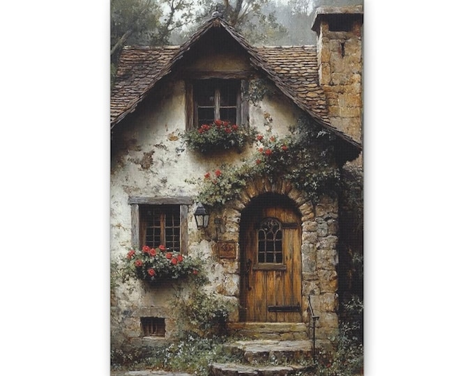 Cottage Door Canvas | Rustic Stone House Wall Art, Vintage Floral Window
