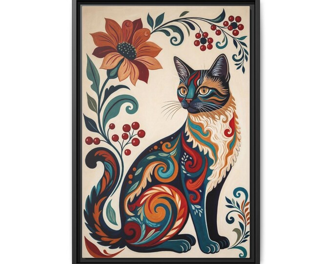 Colorful Floral Cat Illustration Matte Canvas Framed | Boho Cat Wall Art