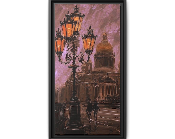 Victorian Street Lamp Cityscape Print Matte Canvas Framed | Urban Evening Wall Art