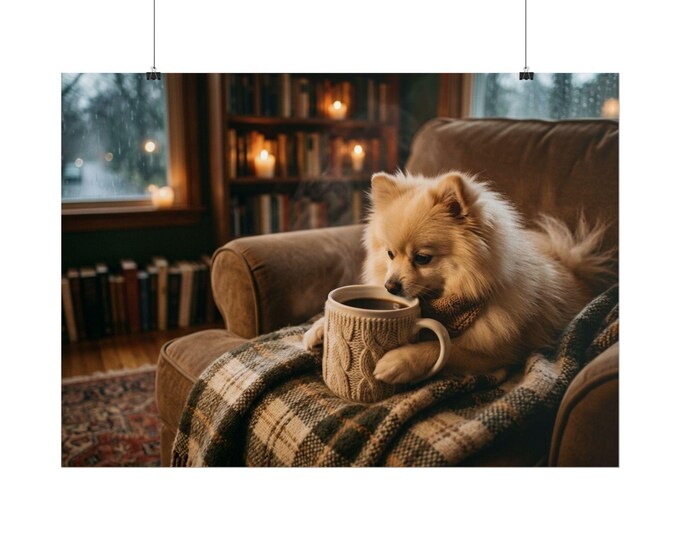 Cozy Pomeranian with Mug Rolled Poster | Hygge Dog Print