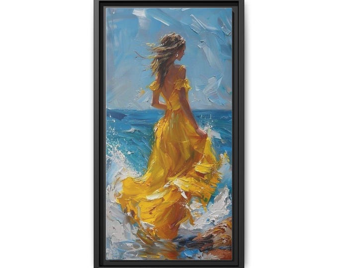 Woman in Yellow Dress Beach Painting Matte Canvas Framed | Seaside Wall Art