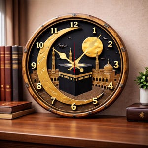 May include: A circular wall clock with a wooden frame. The black clock face has gold Arabic numerals and a gold crescent moon. The centre features a gold depiction of the Kaaba, with gold buildings and a gold sun.